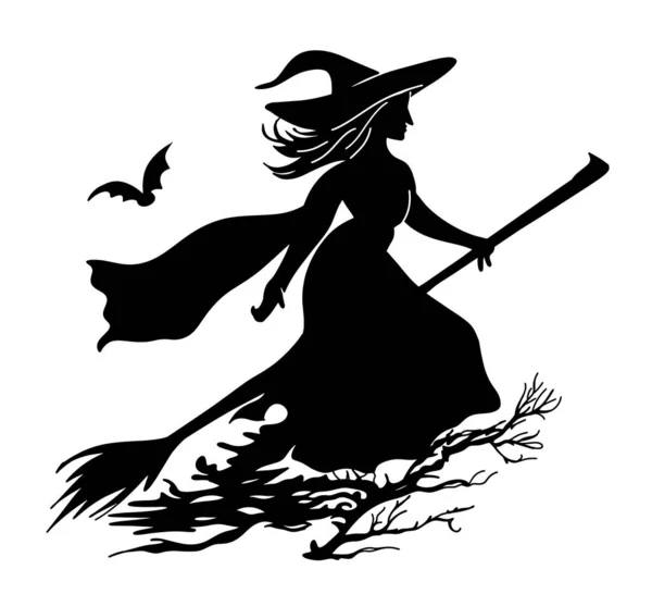 Silhouette Witch Broomstick Halloween Sketch Illustration — Stock Vector