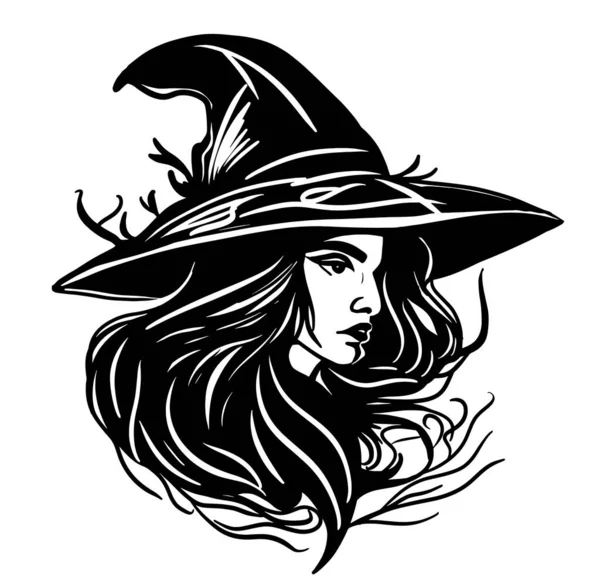 Head Young Witch Hat Halloween Sketch Vector — Stock Vector