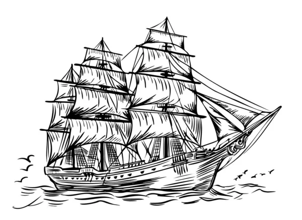 Retro Piraat Schip Cartoon Schets Hand Getekend Nautisch Thema Illustratie — Stockvector