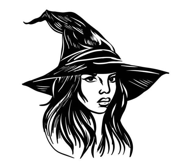 Head Witch Hat Halloween Sketch Vector — Stock Vector