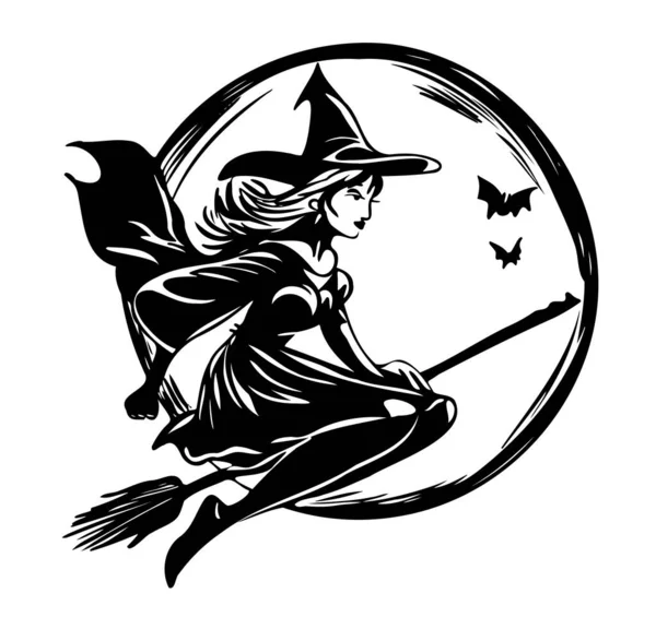 Silhouette Witch Broom Cartoon Halloween Sketch Illustration — Stock Vector