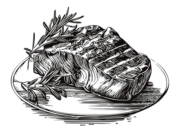 Grilled Steak Plate Sketch Vector Illustration Meat — Stock Vector