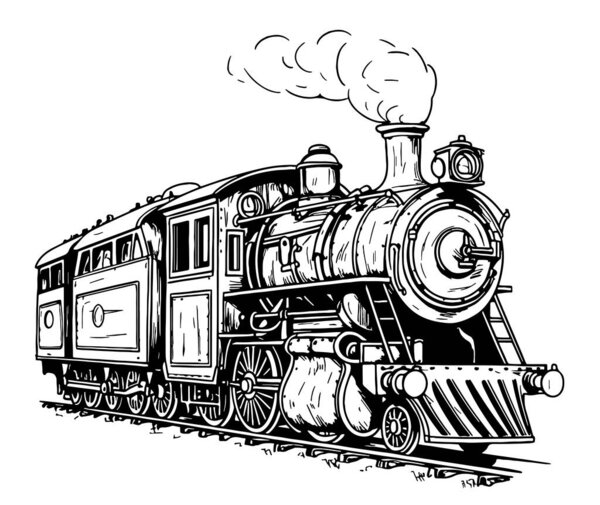 Steam locomotive retro hand drawn sketch Vector illustration ,transport