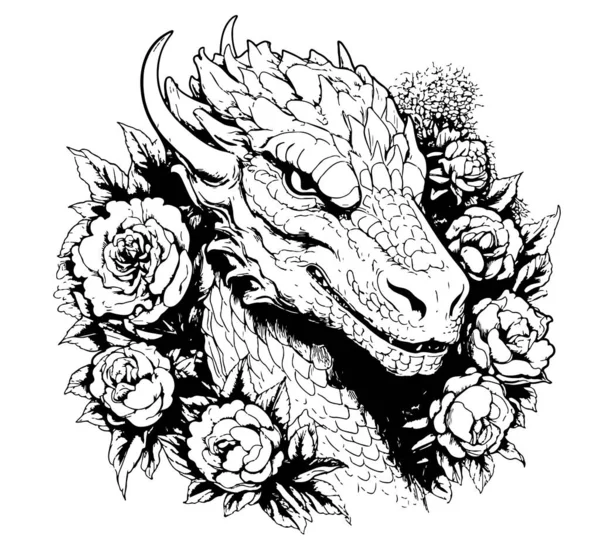 Dragon Portret Kwiatach Kreskówka Ręcznie Rysowane Szkic Ilustracja Dzikie Zwierzęta — Wektor stockowy
