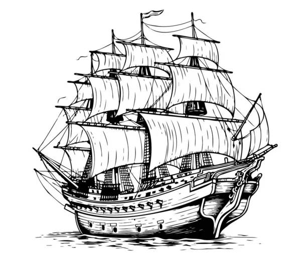 Pirate Ship Sketch Hand Drawn Vintage Sea Transport Illustration — Stock Vector