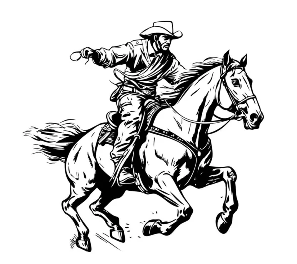 Vaquero Montando Caballo Dibujo Dibujado Mano Ilustración — Archivo Imágenes Vectoriales
