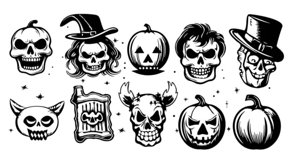 ハロウィーンのシンボルは漫画スタイルで描かれたスケッチハンドを設定します 死者のベクトルホリデー — ストックベクタ