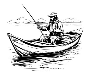 Fisherman in a boat sketch hand drawn sketch Vector clipart