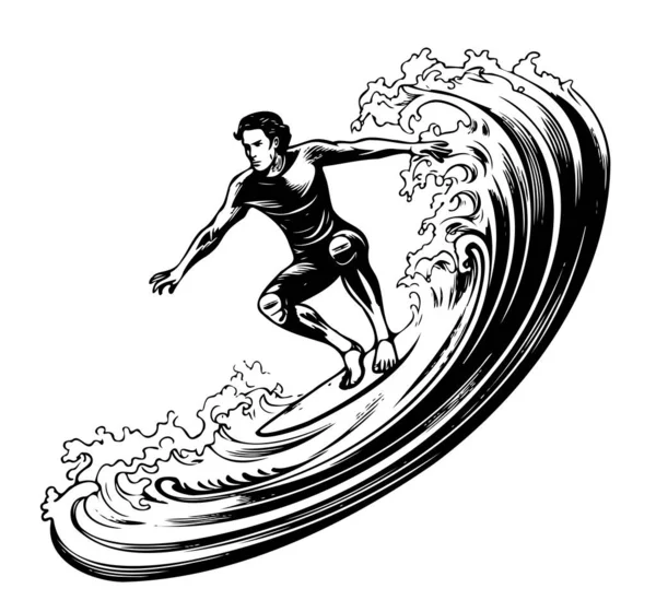 stock vector Surfer on the waves sketch hand drawn in graphics Vector illustration