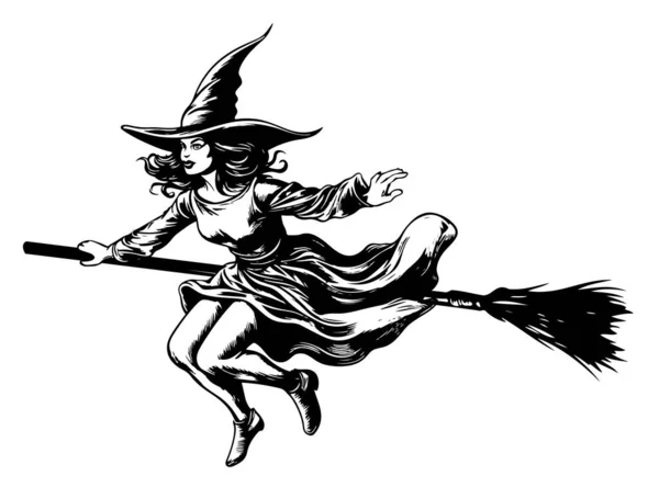 Bruja Volando Dibujo Dibujos Animados Dibujado Mano Halloween Vector — Archivo Imágenes Vectoriales