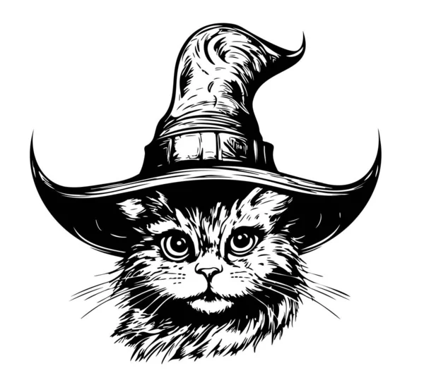 Katze Hexenhut Skizziert Handgezeichnete Halloween Illustration — Stockvektor