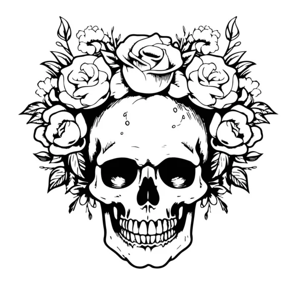 Calavera Humana Corona Floral Boceto Dibujado Mano Vector Día Muerte — Vector de stock