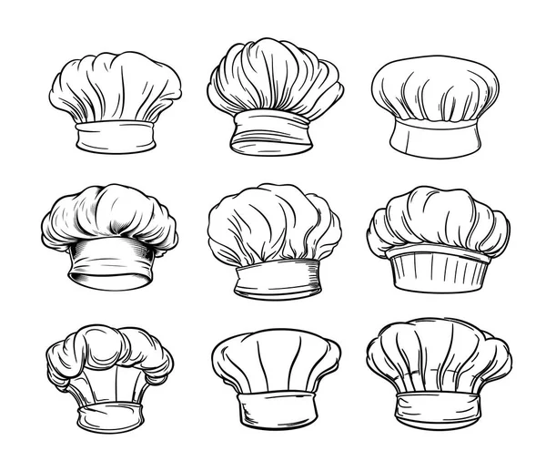 Aşçı şapkası koleksiyonu. Çizim el çizimi çizimi. Yemek pişirme.