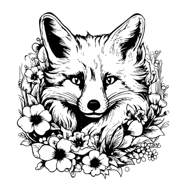 Fox Face Flowers Hand Drawn Sketch Vector Wild Animals — Stock Vector