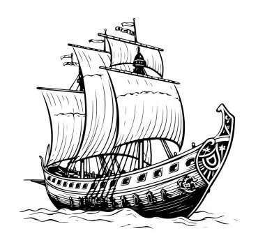 Viking gemisi çizimi, elle çizilmiş Vektör illüstrasyonu Çizimi