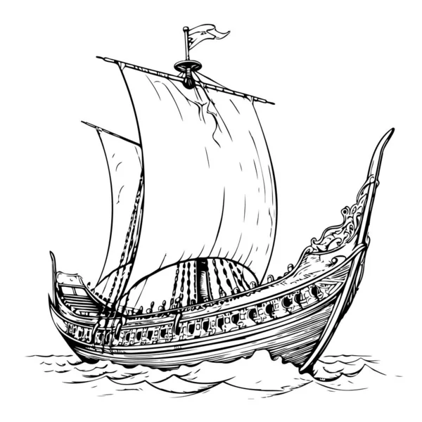 Viking Ship Sketch Hand Drawn Vector Illustration — Stock Vector