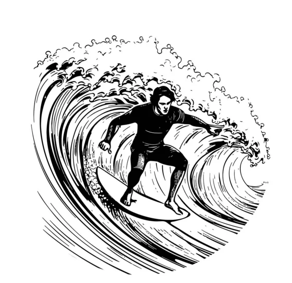 Surfer Auf Den Wellen Logo Skizze Hand Grafik Gezeichnet — Stockvektor