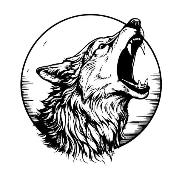 Wolf Howls Moon Sketch Hand Drawn Vector — Stock Vector