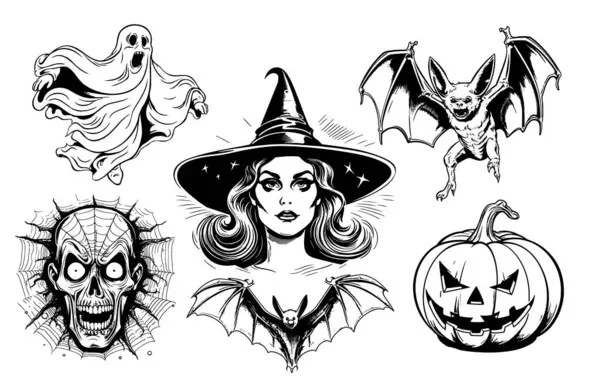 Halloween Símbolos Conjunto Bosquejo Mano Dibujado Estilo Cómico Illustration Vacaciones — Archivo Imágenes Vectoriales