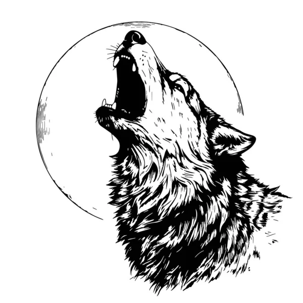Wolf Howls Moon Sketch Hand Drawn Vector — Stock Vector