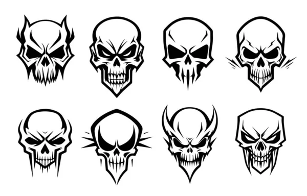 Set Teschi Emblema Disegnati Mano Halloween Vettoriale — Vettoriale Stock