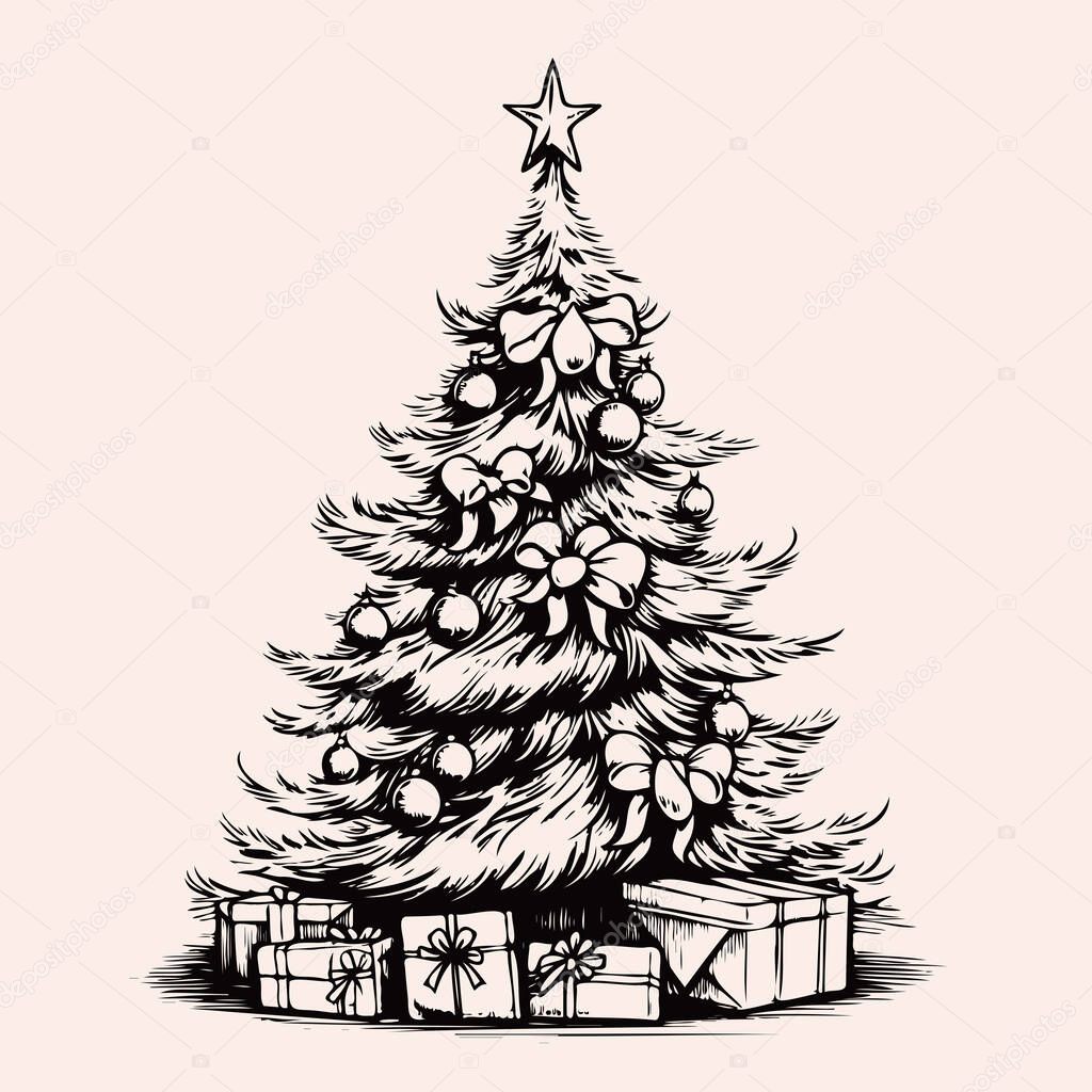 Christmas tree in retro style, hand-drawn sketch. Symbol of Christmas and New Year.