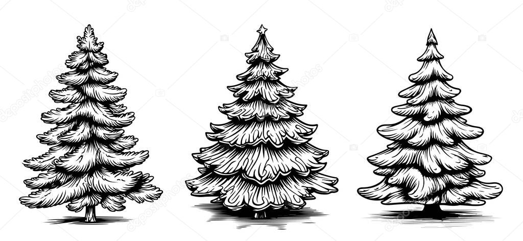 Christmas tree set in Comic style, hand-drawn sketch,Symbol of Christmas and New Year.