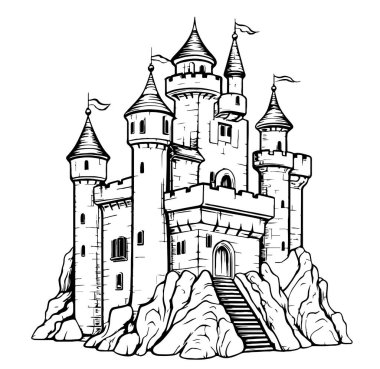 Castle retro çizim el çizimi Vektör illüstrasyonu Çizim Çizimi