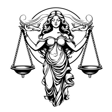 Bu heykel terazi tutuyor. Adalet ve düzenin sembolü, klip sanatı. Terazi veya hukuk kimliği kavramı beyaz arkaplanda izole edilmiş basit bir vektör