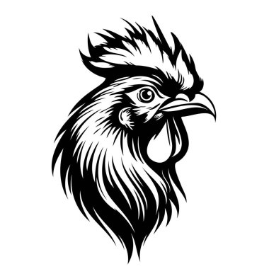 İşleme tarzında bir horoz kafası tasviri. Logo, etiket, tabela, poster ve tişört için tasarım elemanı. Vektör