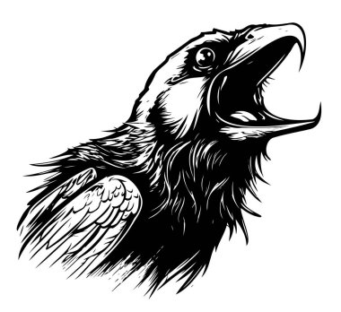 Karganın el çizimi yüzü. Kuzgun dövmeli illüstrasyon maskot sanat kuşu. Vahşi kuşlar