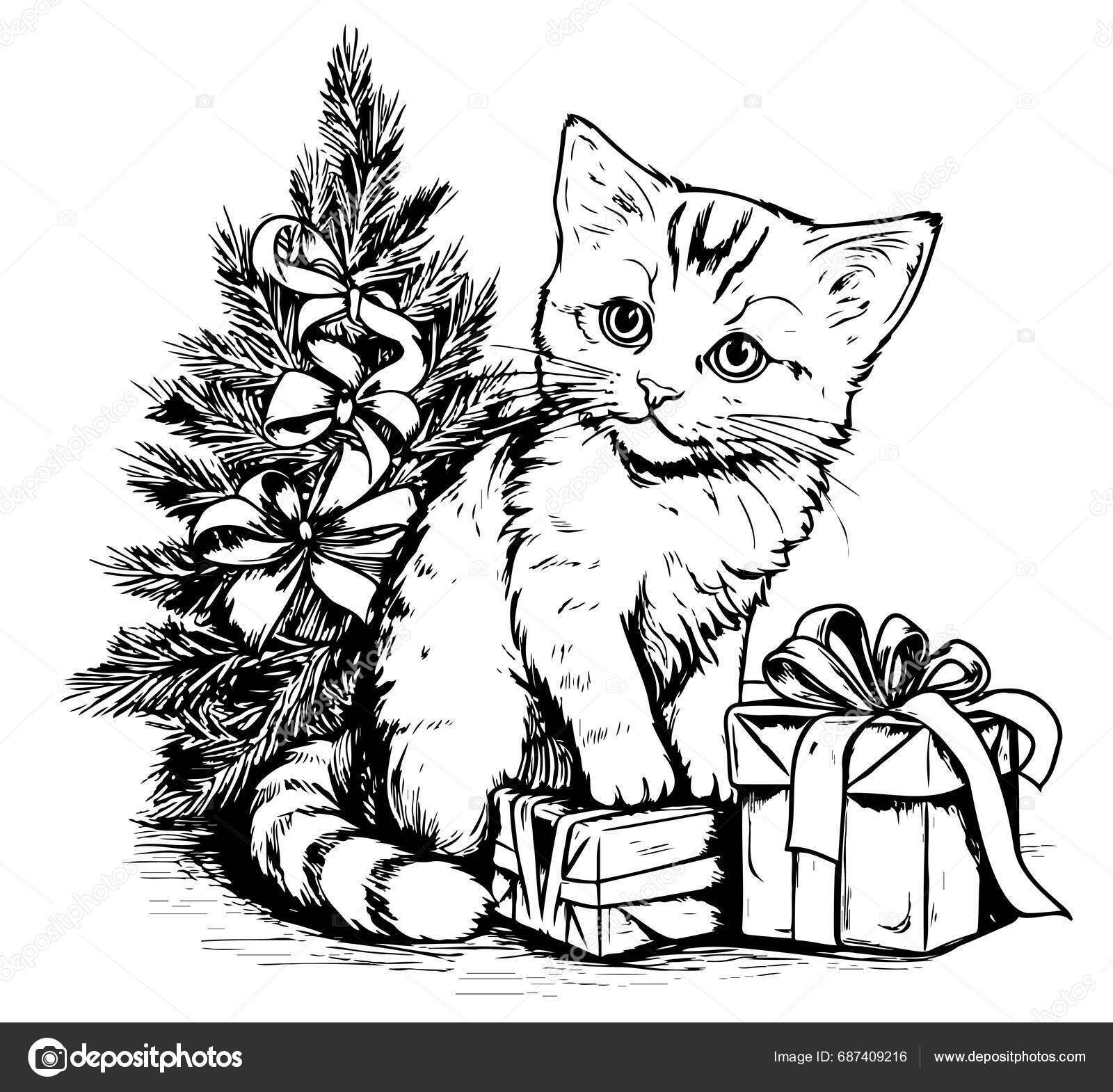 Christmas Kitten Christmas Tree Gifts Hand Drawn Sketch Vector