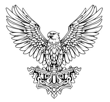 Kanatları açık Heraldik Kartal. Kraliyet sembolü el, klasik oymacılık tarzıyla çizilmiş. Vektör