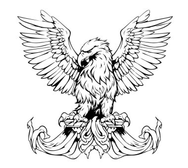 Kanatları açık Heraldik Kartal. Kraliyet sembolü el, klasik oymacılık tarzıyla çizilmiş. Vektör illüstrasyonu