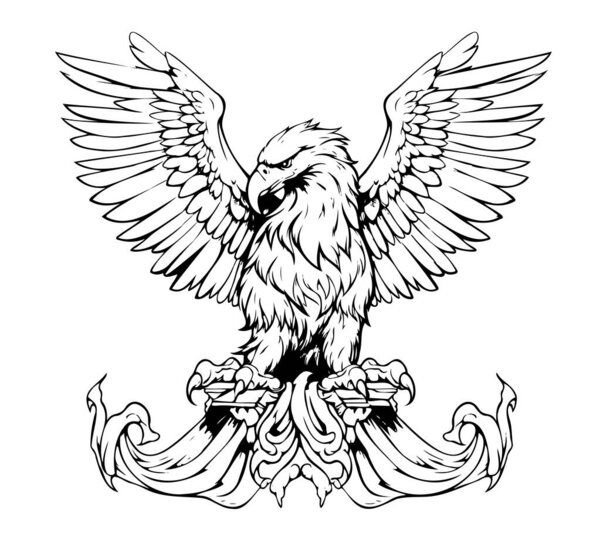 Heraldic Eagle with spread wings. Royal symbol hand drawn sketch in vintage engraving style. Vector illustration
