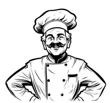 İş üniformalı vektör şefi, siyah önlüklü, şapkalı. Restoranın mutfağında, aşçı şapkalı gülümseyen adamın portresi duruyor. Çizgi çizimi gerçekçi klasik illüstrasyon