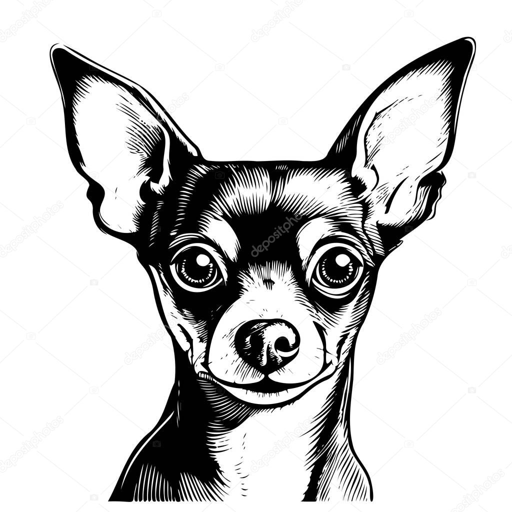 Vector isolated one single sitting Chihuahua Toy terrier dog head front view black and white two colors silhouette. Template for laser engraving or stencil, print for t shirt