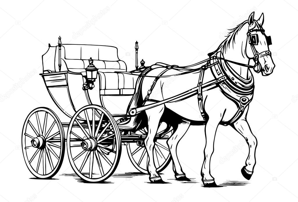 Horse carriage. Coachman on an old victorian Chariot. Animal-powered public transport. Hand drawn engraved sketch. Vintage retro illustration.