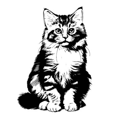 Fluffy cat sitting sketch hand drawn engraved style Vector illustration clipart