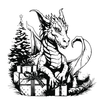 Cute little dragon. Coloring book for children. Baby Dragon with gifts and Christmas tree. Cartoon vector winter character illustration. clipart