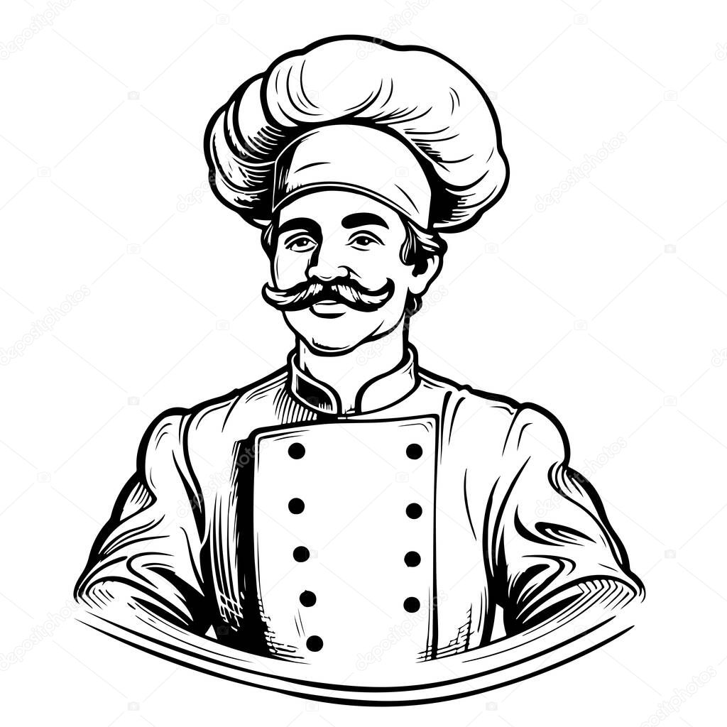 Vector illustration of a sketch of a chef with a mustache and a hat Vector illustration