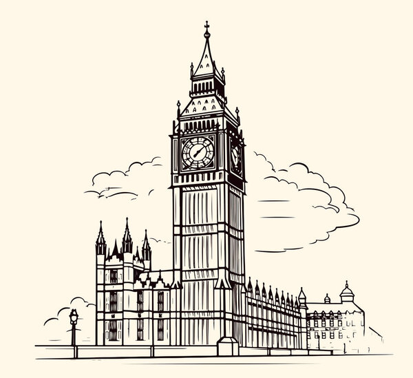 Drawing sketch illustration of Big Ben, one of the most significant landmarks of London, UK