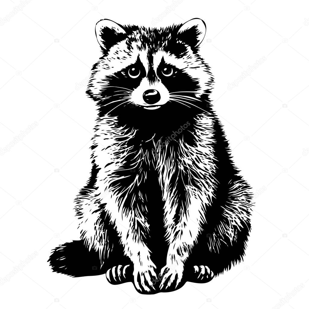 Cute hand drawing raccoon sketch. Vector monochrome illustration.