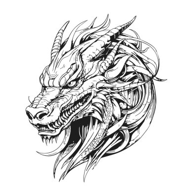 El çizimi İşleme Kalemi ve Ink Dragon Head Vintage Vector Illustration