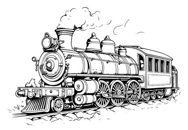 Retro buhar lokomotifini hareket ettiriyorum. Klasik tren amblemi veya sembol vektör çizimi