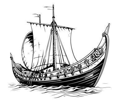 Eski Vikingler teknede - elle çizilmiş vektör çizimi, beyaz üzerinde izole edilmiş.