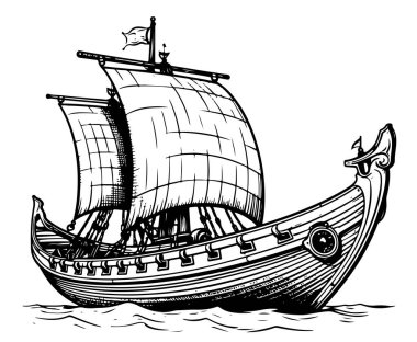 Viking gemisi. Yelkenli Ortaçağ askeri teknesi Vintage Vector illüstrasyonu