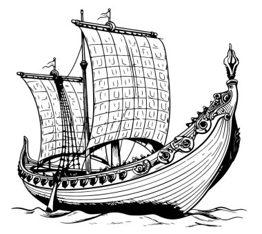 Viking gemisi. Yelkenli Ortaçağ askeri teknesi Vintage Vector illüstrasyonu