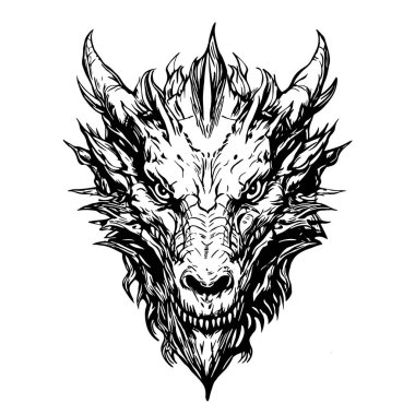 El çizimi İşleme Kalemi ve Ink Dragon Head Vintage Vector Illustration