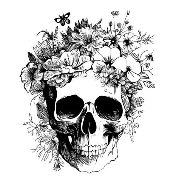Skull with flowers, with roses. Human skull portrait with flower crown. Vector illustration isolated on white background. Sugar skull floral print for Halloween.